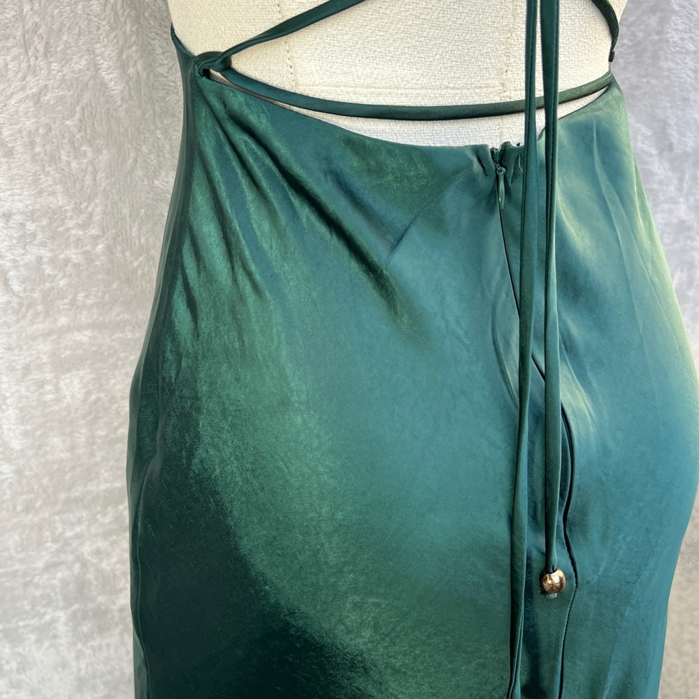 Here Comes The Sun Emerald Green Satin Midi Slip Dress Size S Cutout Cocktail - Picture 13 of 16